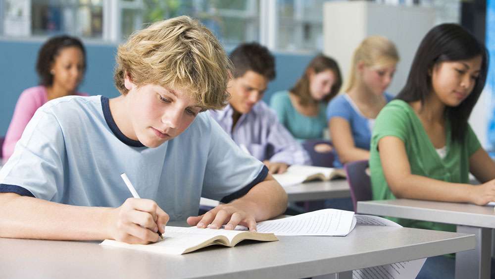 School classroom with students studying