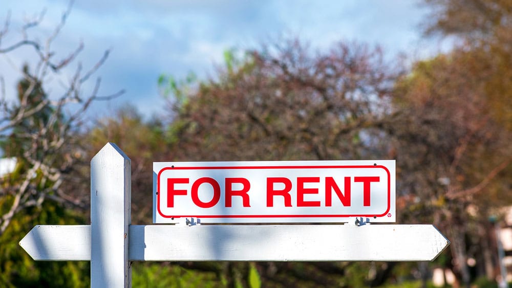 For Rent real estate sign. Blurred sky and trees background.